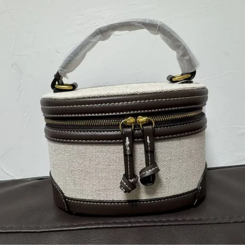 

Fashion Canvas Color Blocked Handbag for Women High End Exquisite Round Barrel Single Shoulder Crossbody Bag Handheld Makeup Bag