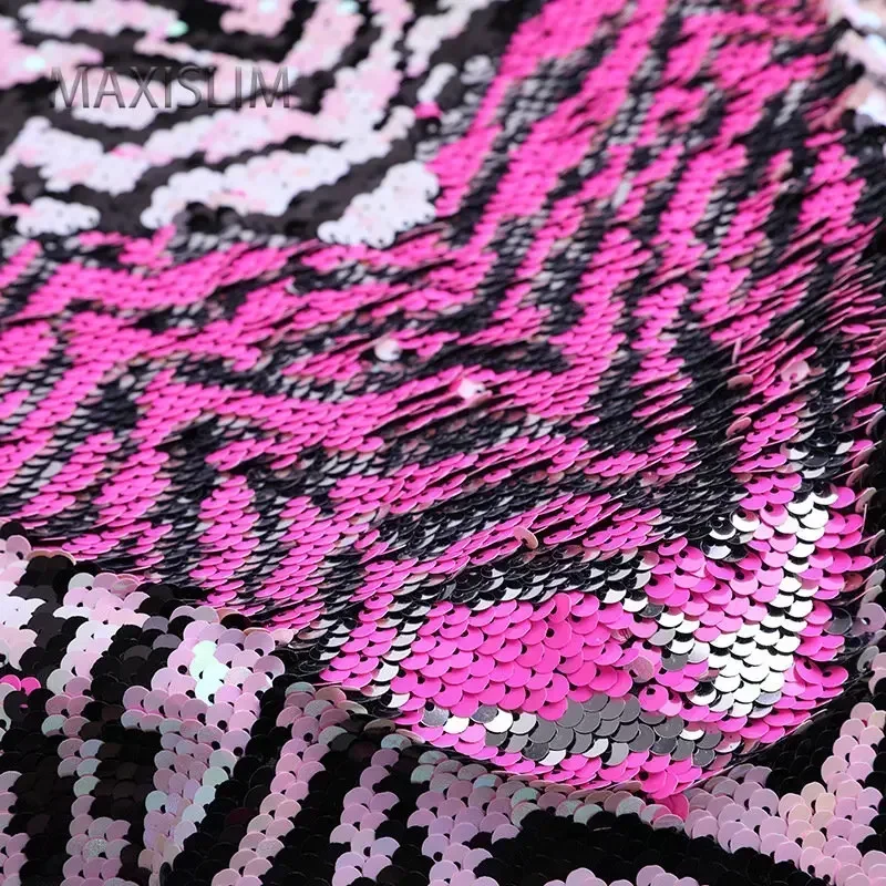 NEW 5MM Zebra Patterned Satin Embroidered Double-sided Sequin Fabric For Dress Bag Suit Wide：125CM