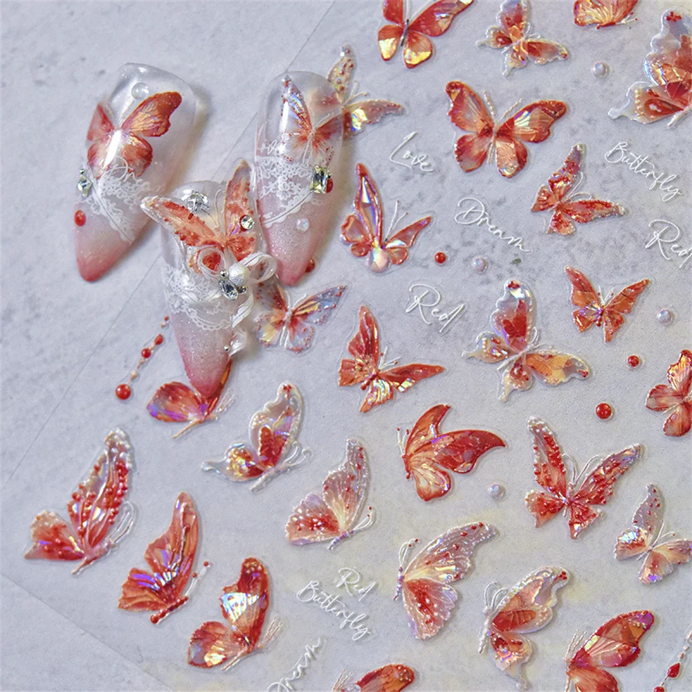 1pcs 5D Shining Shell Aurora Butterfly Nail Stickers Kawaii Red Nail Art Decoration Decals DIY Manicure High Quality Slider Foil