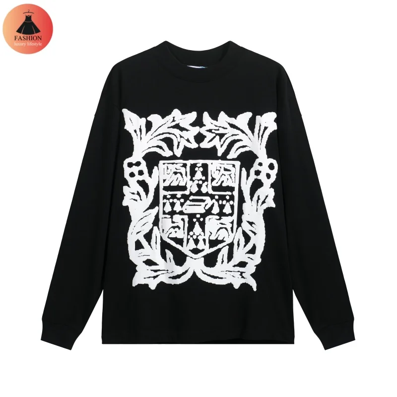 24SS Mens Womens Black Crew Neck Cotton Logo Floral Foam Logo Print High Quality Oversized Long Sleeve T-Shirt Tops