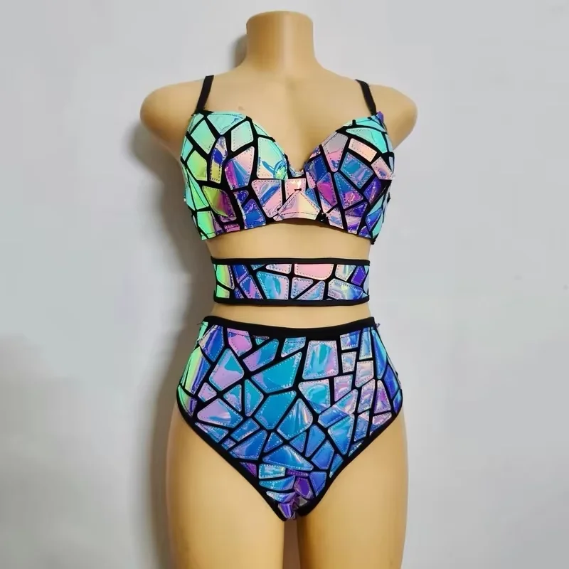 Sexy Laser Mirror Bikini Stage Costume Women Dinner Party Nightclub Bar Female Singer Prom Show Hot Girl Gogo Dance Stage Wear