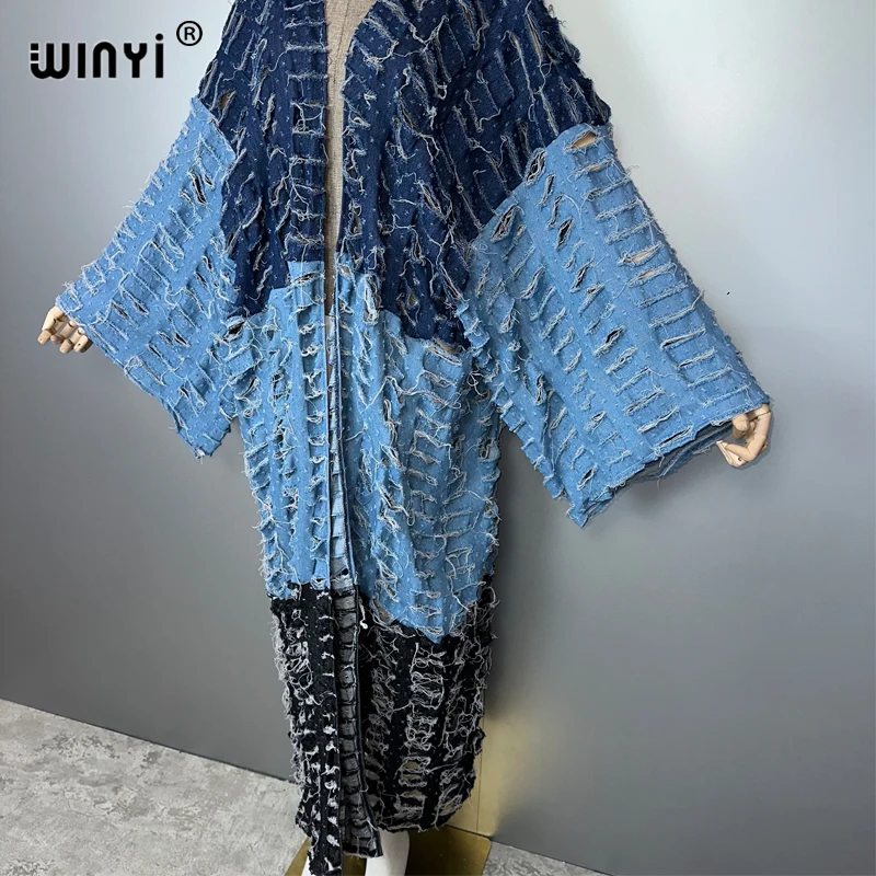 WINYI Kimono Colour Matching Denim Cardigan Maxi Dress Beach Wear Cover-Up Abaya Dubai Luxury Beach Outfits for Women Kaftan