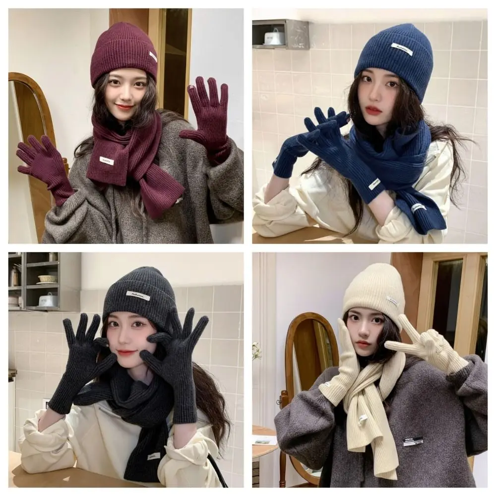 

New Red Hat Scarf Gloves Set Warm Cotton Ear Protection Knitted Woolen Cap New Year Thickened Winter Beanie Hats Christmas Gift
