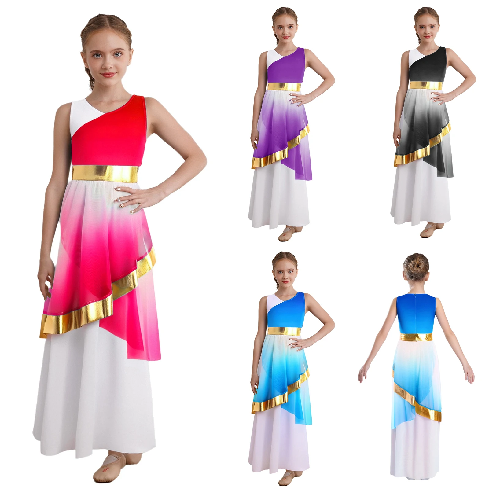 Abito da ballo lirico per bambini e ragazze, costume da spettacolo in chiesa, senza maniche, in vita metallizzata, con strato di rete asimmetrico