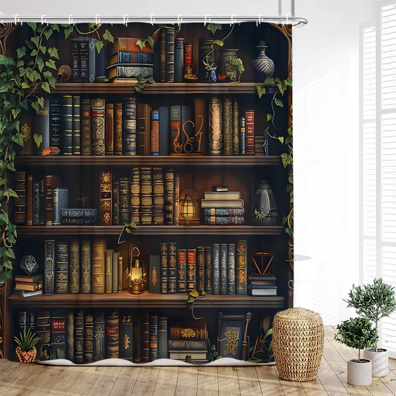 Vintage Bücherregal Duschvorhang Retro Buch Grüne Pflanze Blätter Moderner Stoff Home Wandbehang Badezimmer Vorhang Dekor mit Hoo