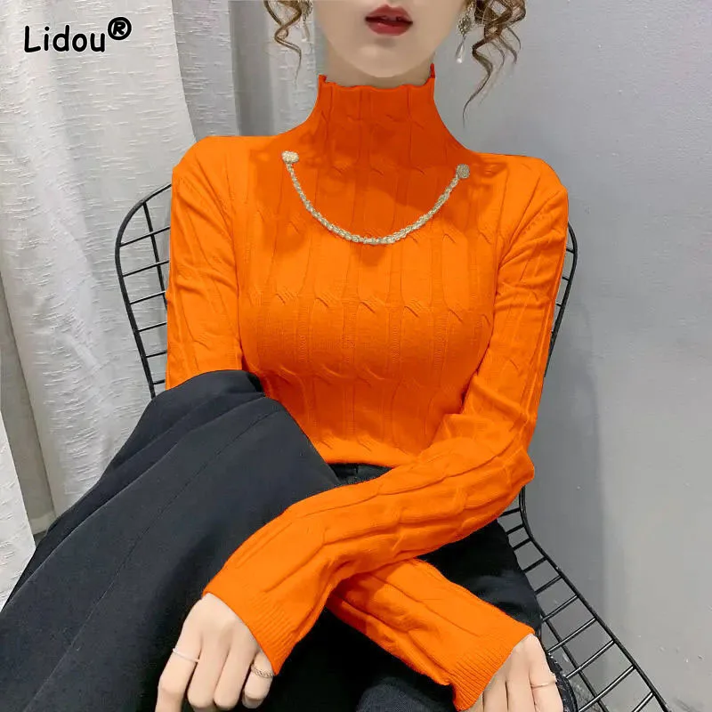 Turtleneck Autumn Winter Thick Bright Color Great Elasticity Female Cloths Multiple Colors Metal Chain Decoration Keep Warm Slim