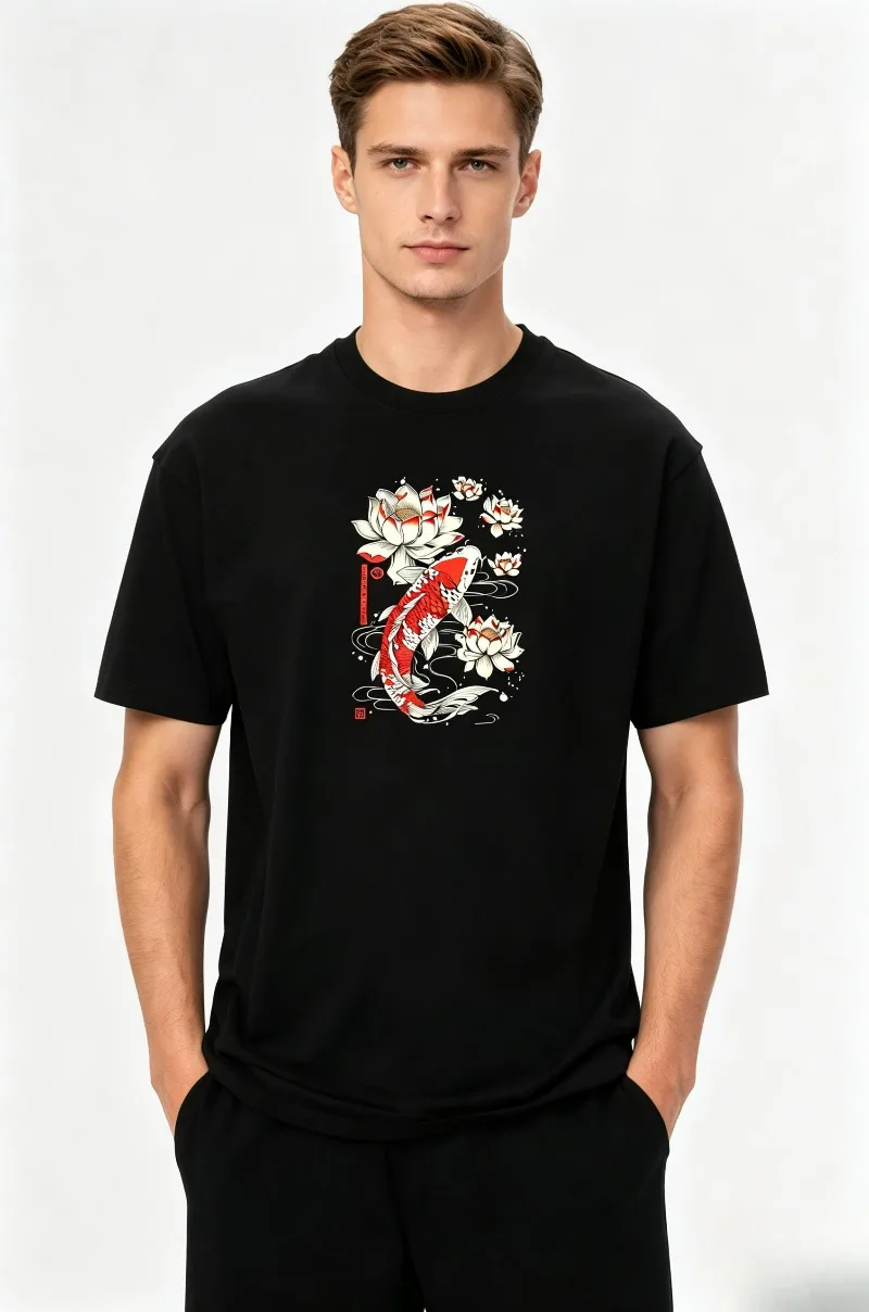 Japanese Ukiyo-e Koi Lotus Graphic Tee 100% Cotton O Neck Oversized Casual Top Unisex Oriental Lucky Animal Streetwear Soft