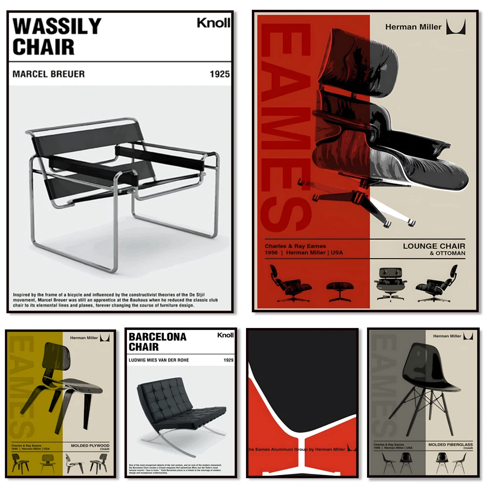 Ludwig Mies van der Rohe, Wassily Chair, Tulip Chair, Barcelona Chair Poster, Furniture, Mid Century Modern Art, Home Decor