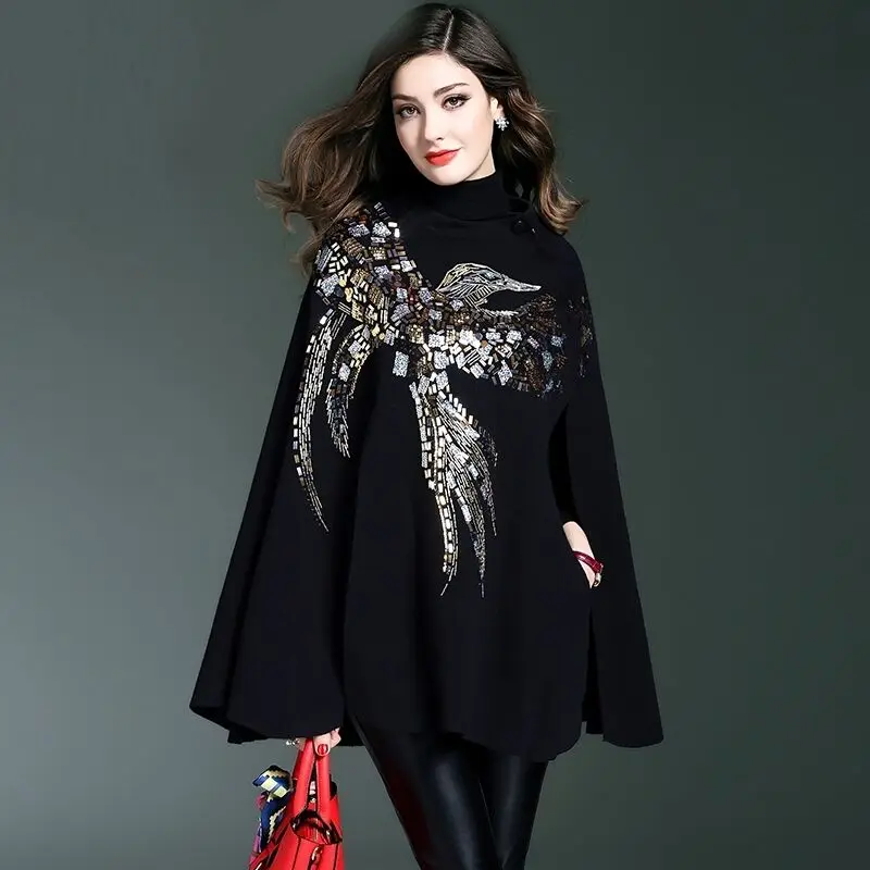 

Gothic Woman Eagles Beading Sweater Poncho Birds Sequins Wrap Pullovers Cloak Long Bat Sleeved Black Shawl Capes Pashmina Coat