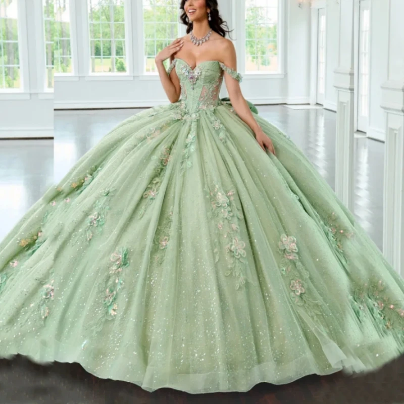 

Мятно-зеленое блестящее бальное платье Quinceanera, платья с аппликациями, кружево, бисер, хрустальный бант, тюлевой корсет для вечеринки, дня рождения, Vestidos 15 De XV