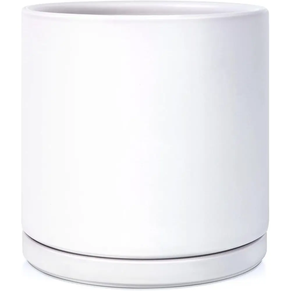 

Kazeila 12 Inches Ceramic Planter Pot - Saucer and Drainage Hole - Full Glazed - Matte White