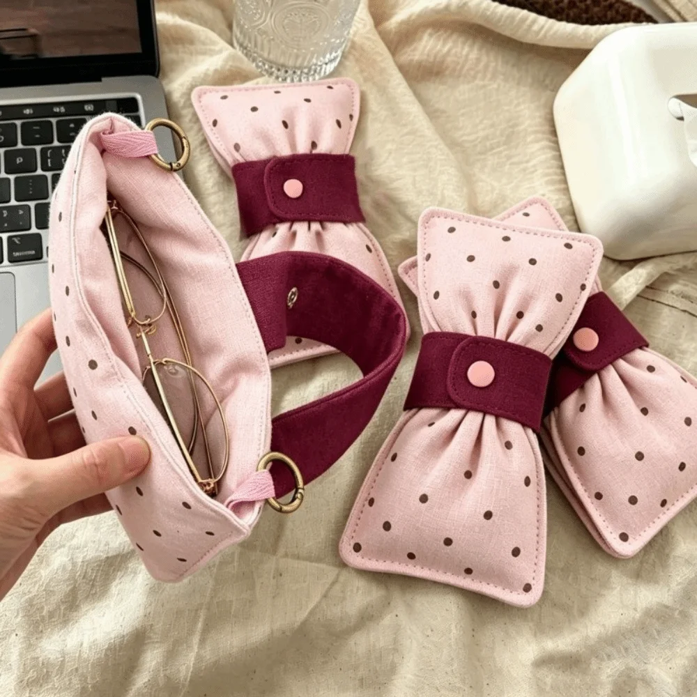 Bow Tie Shape Polka Dot Eyeglass Case Pink Color Snap Button Closure Sunglasses Pouch Compact Design Soft Material Eyewear Case