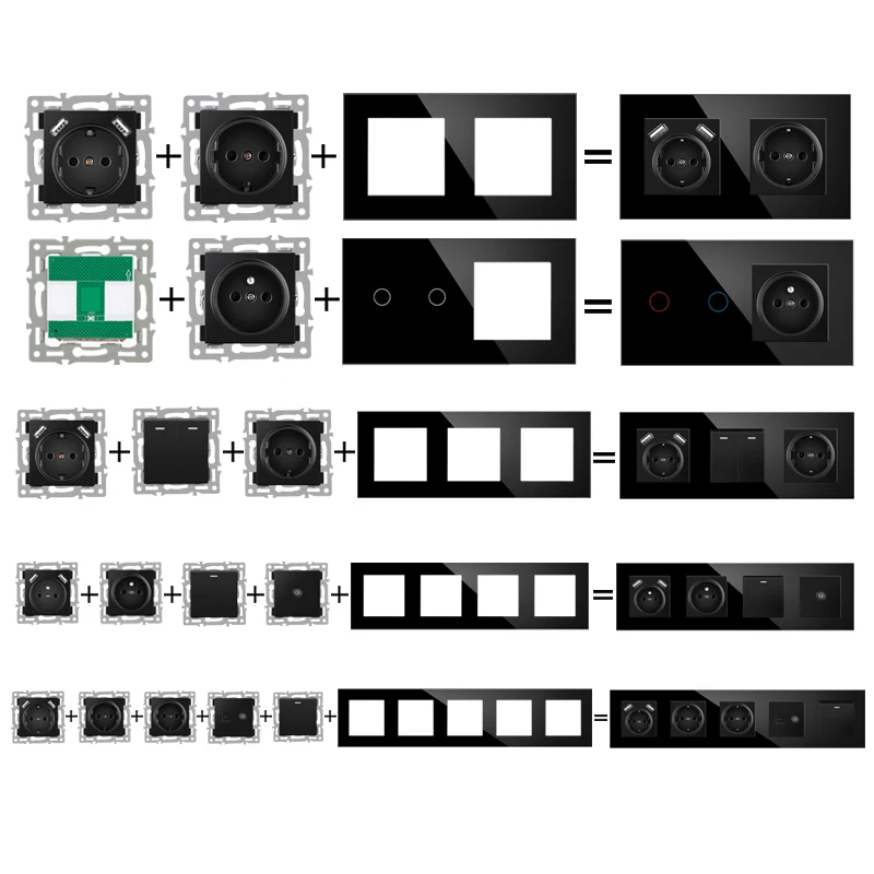 Novski multi frame black tempered glass panel, EU FR UN socket and switch dimmer foot light Rj45 RJ11 satellite TV module DIY