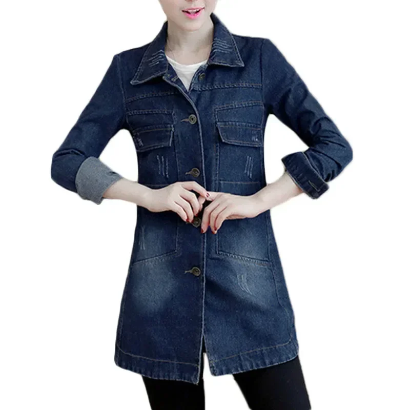 

New Autumn Winter Korean Denim Jacket 5XL Women Slim Long Base Coat Women's Frayed Navy Blue Casual Female Jeans Jackets Coats