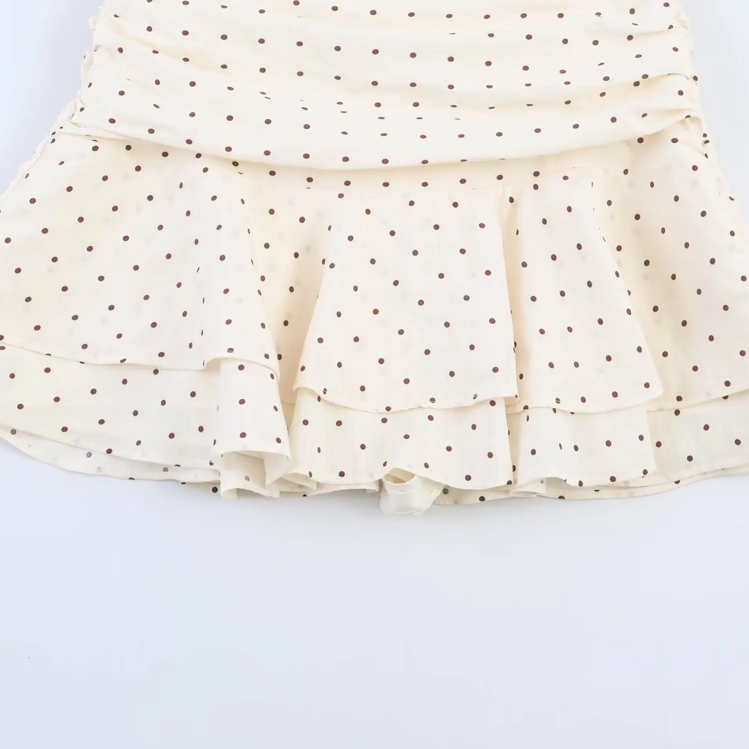 BSAY Neuer Beiger Gepunkteter Skort für Damen, Hochgeschnittener Plissierter Rüschen-Minirock, Sommerliche Lässige Strandshorts mit Futter – Detail 11