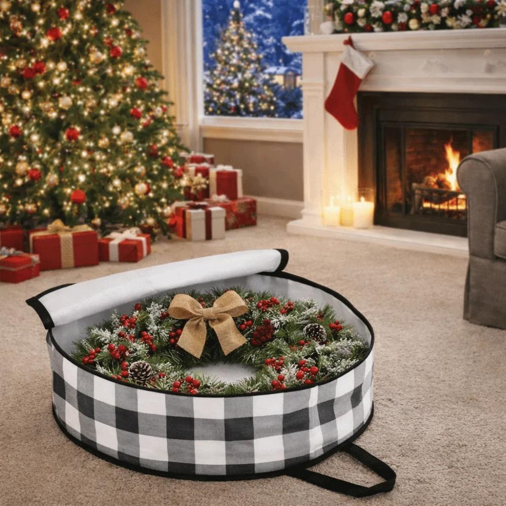 

Stackable Plaid Christmas Wreath Storage Bag Waterproof with Zipper and Handles Christmas Garland Packing Bags Large Capacity