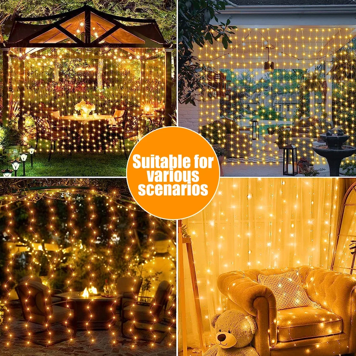 1pc Solar Curtain String Lights Outdoor Fairy Lights Solar Powered Twinkle String Lights 8 Modes For Home Garden Patio Decor
