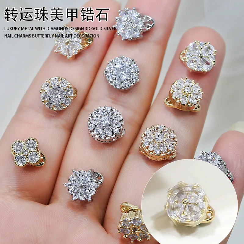 2PCS Luxury Sparkle Zircon Inlaid Round High-Speed Rotating Bead Alloy Nail Art Rhinestones Jewel Decorations Manicure Charms