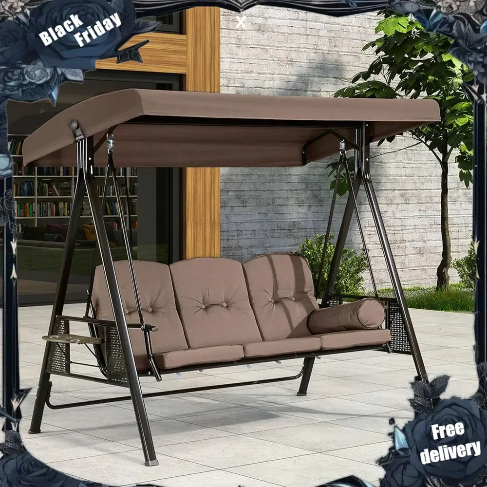 3-Seat Deluxe Outdoor Patio Porch Swing with Weather Resistant Steel Frame, Adjustable Tilt Canopy