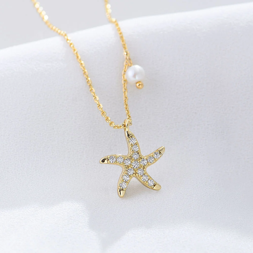 

Korean Style S925 Sterling Silver Necklace for Women Full Zircon Starfish & Pearl Minimalist Light Luxury Short Collarbone Chain