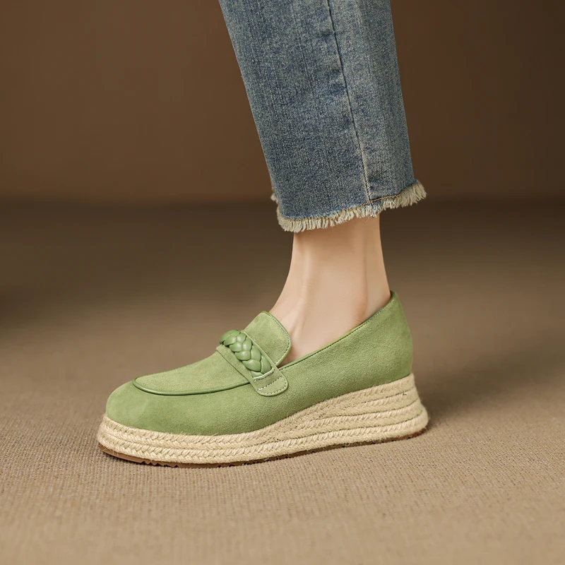 Fashion Loafers New Quality Real Leather Kid Suede Vintage Straw Braid Platform Espadrilles Shoes Lady Daily Casual Wedges Pumps