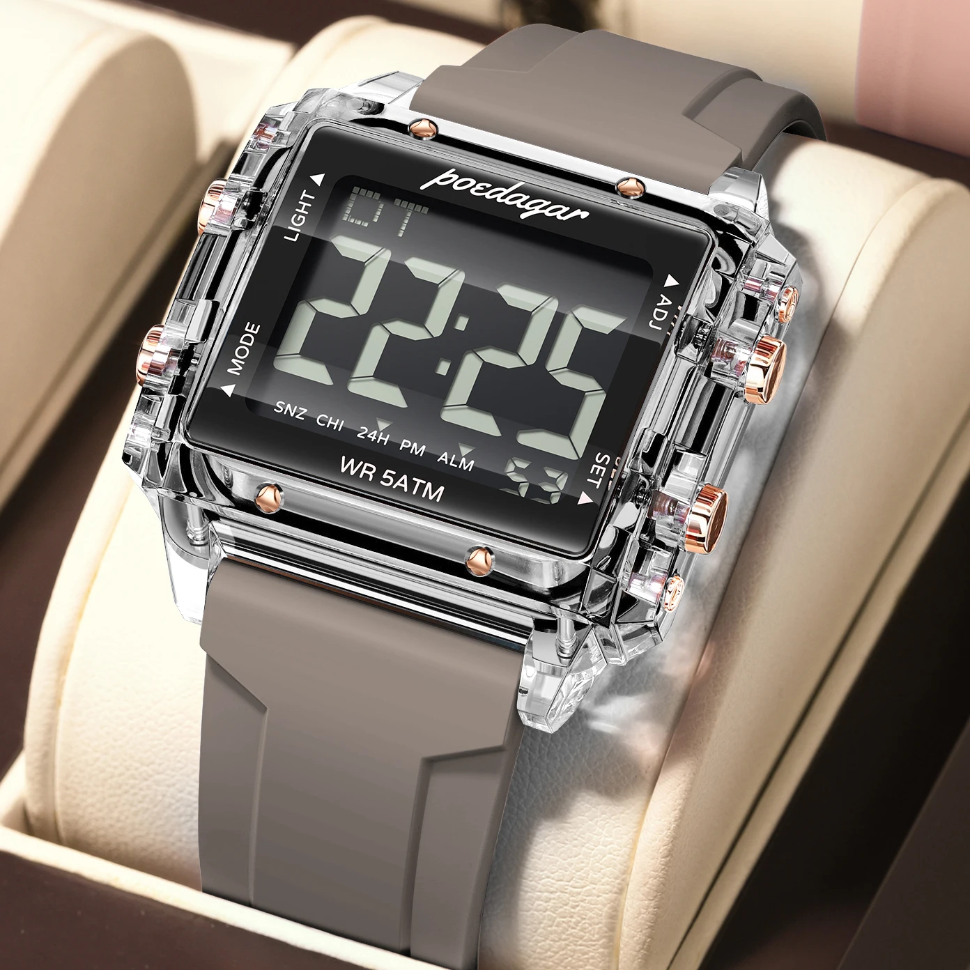 POEDAGAR Original Digital Men Watch Waterproof Week Date Alarm Man Wristwatch Silicone Strap LED Sports Electronic Men's Watches