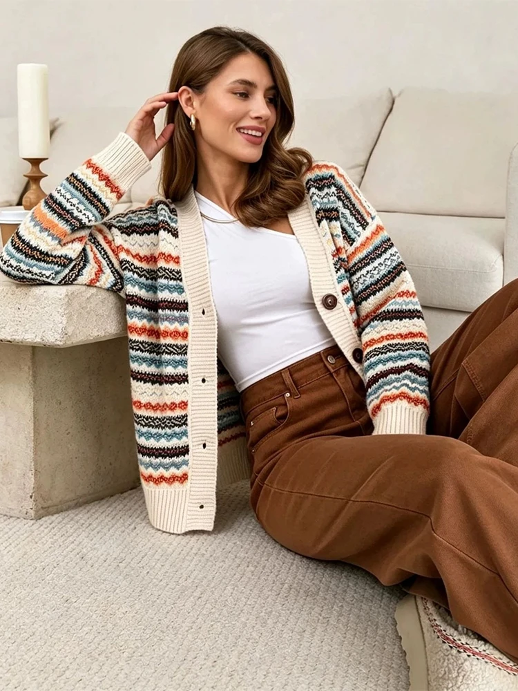 Gestrickter Gerippter V-Ausschnitt Jacquard-Cardigan für Damen, Eleganter Langarm-Cardigan mit Einzelknopfleiste, Paneelen und Loser Passform, Schicke Damen-Streetwear – Detail 4