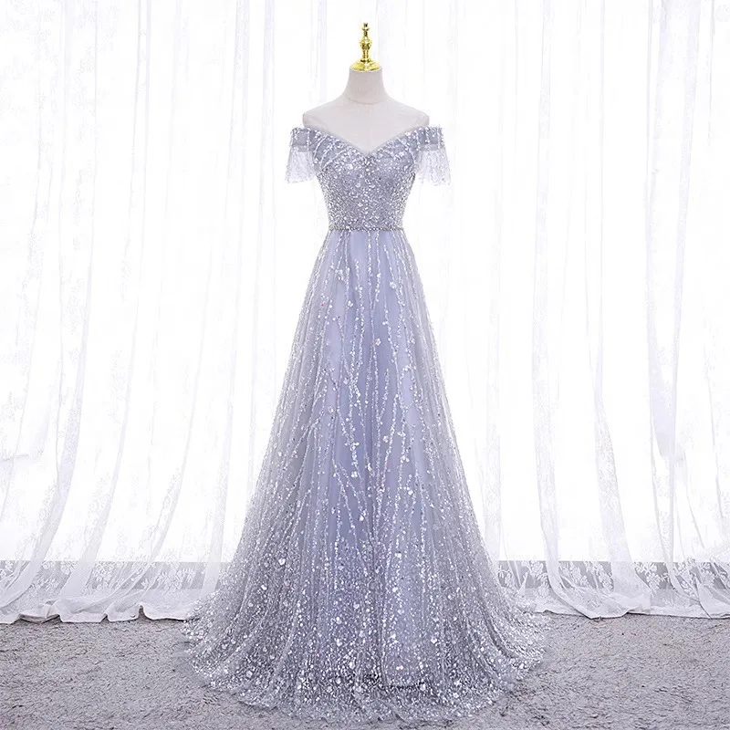 New Elegant Wedding Dress with Fairy Temperament, Deep V-neck Dress, Long Waist Collection, Socialite Party Evening Dress