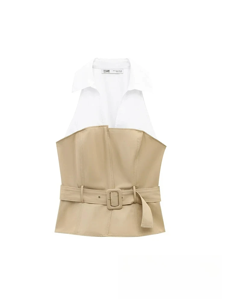 

KONDALA винтажный элегантный шикарный женский топ с лямкой на шее в стиле пэчворк без рукавов с v-образным вырезом и поясом, жилет, мода 2025 года, весна-лето, офисный женский топ