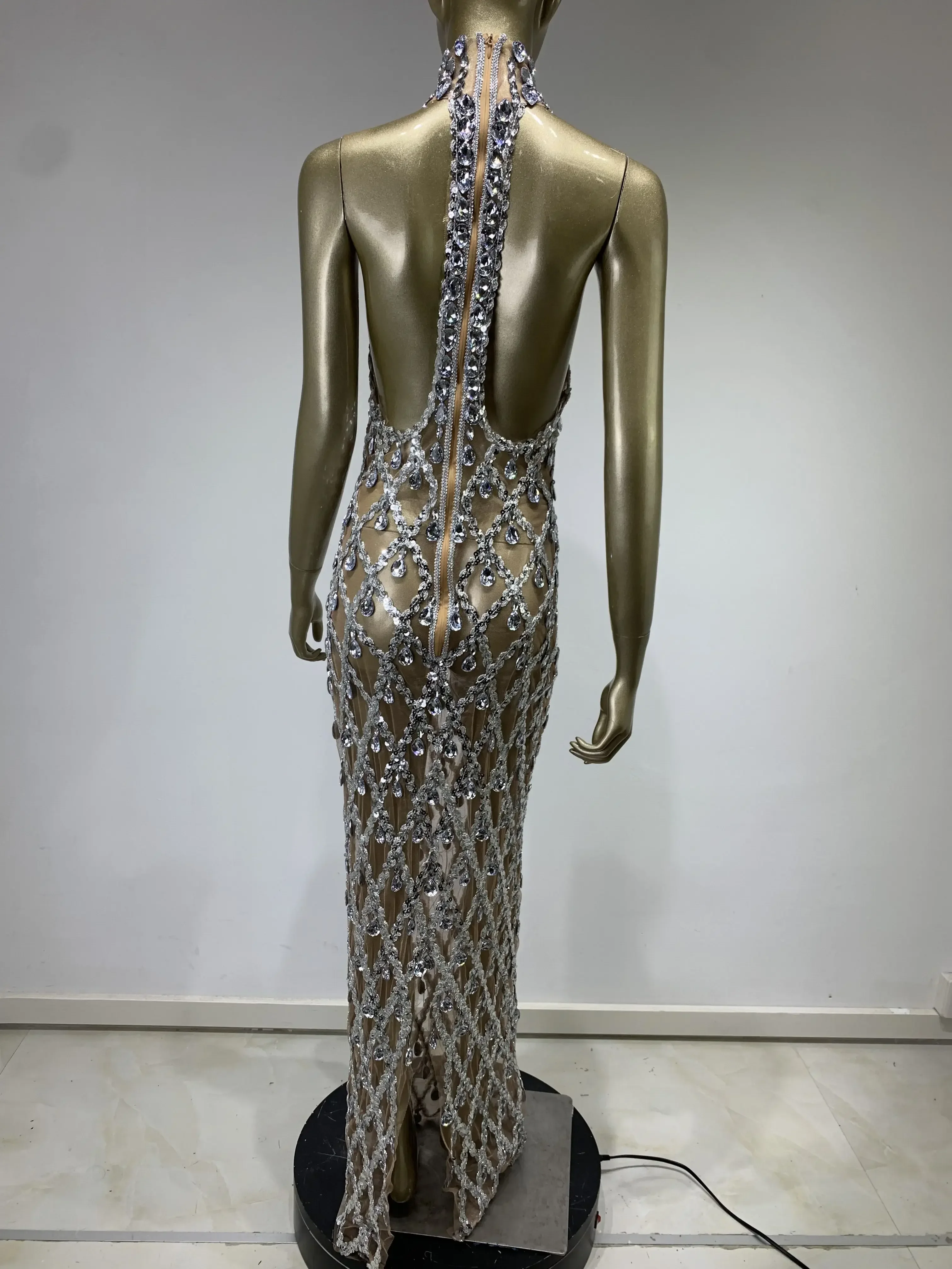 Stock Women Luxury Sexy Mesh Crystal Diamonds Beading Long Dress Birthday Party Costume Bar Nightclub Stage Performance Dress