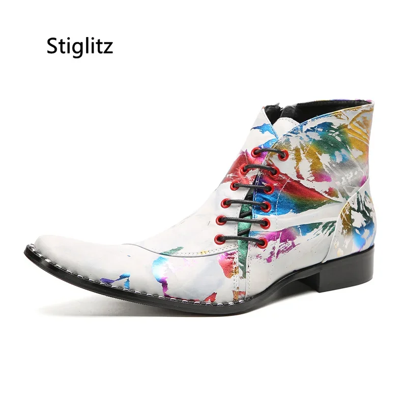 Print Genuine Leather Ankle Boots for Men Lace Up Mixed Colors Work Chelsea Boots Hard-Wearing Street Men's Shoes Spring Autumn