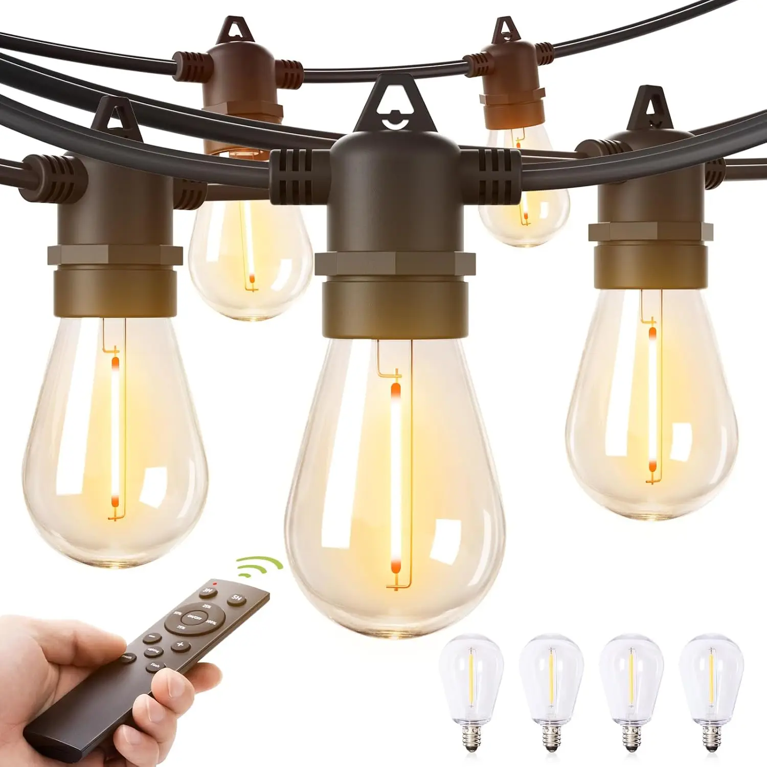 Remote Dimmable Patio Lights with Timer & 3 Lighting Modes, 64 Shatterproof Edison Bulbs, Waterproof Connectable String Lights f