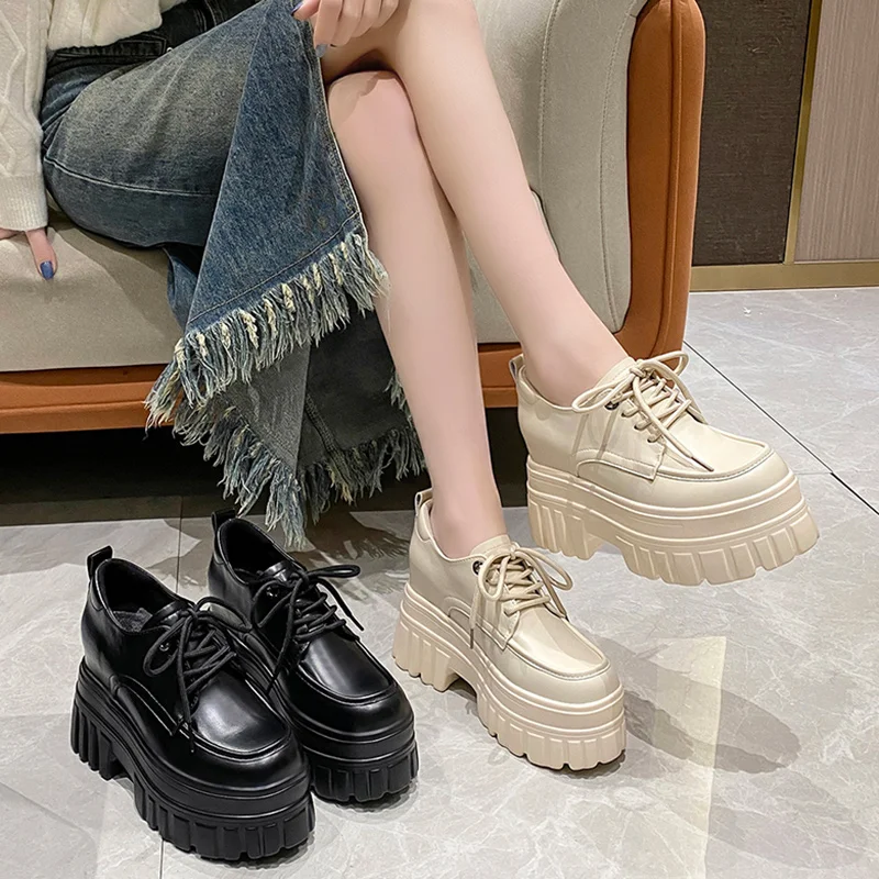 

Womens Derby Shoes Female Footwear Clogs Platform British Style All-Match Increas Height Leather Dress Creepers Preppy Summer In