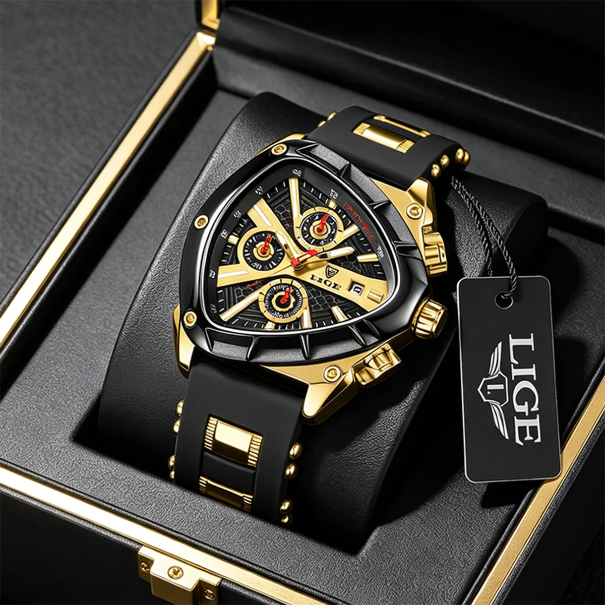 

LIGE Gold Military Men Watch Fashion Triangle Chronograph Wristwatch Sport Men Watches Luxury Waterproof Quartz Clock Man Reloj