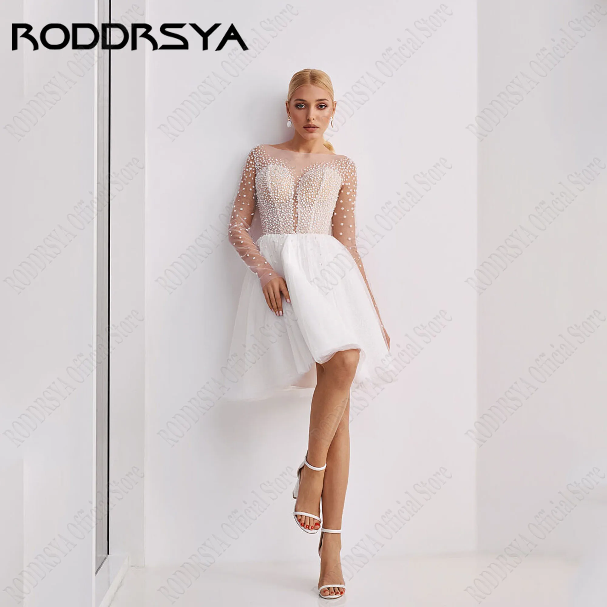 

RODDRSYA Short Mini Wedding Dress 2024 Bride O-Neck Long Sleeves Backless Bridal Party Gowns A-Line Tulle свадебное платье