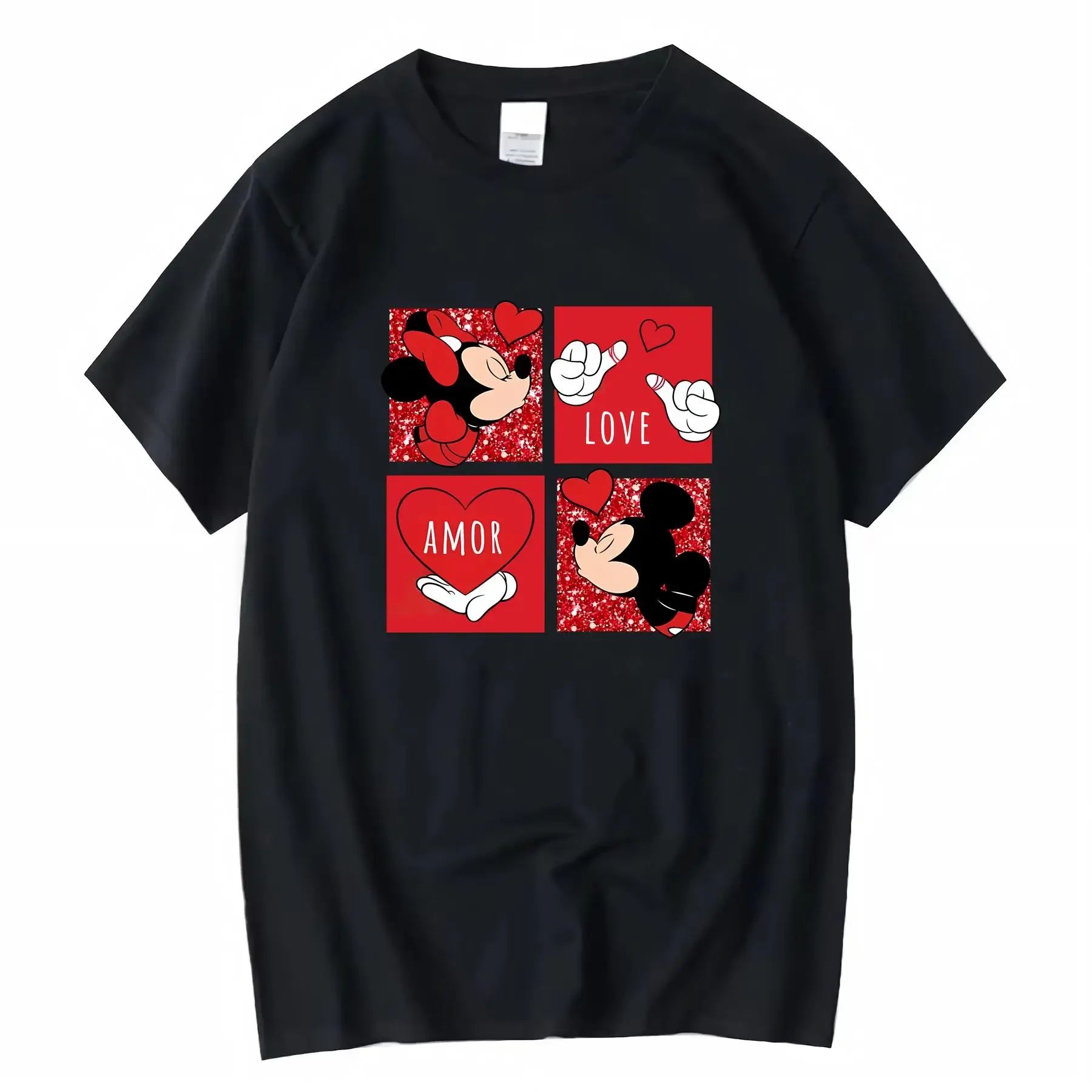 

Plus Size Mickey Minnie Mouse 100 Cotton Crew Neck T Shirt with LOVE Design and Red Hearts Black vintage Washed
