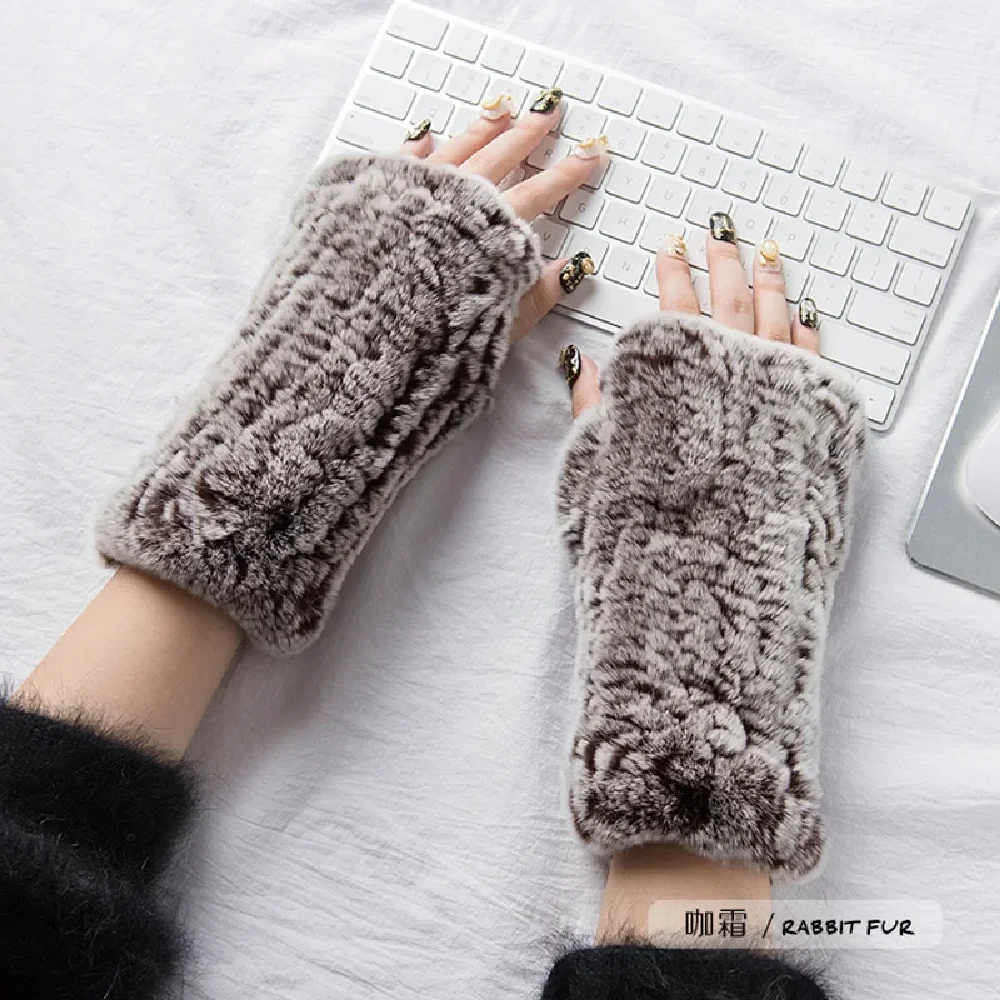 

Women's Real Rex Rabbit Fur Winter Gloves Fingerless Knitted Mittens Arm Sleeve Warm Soft