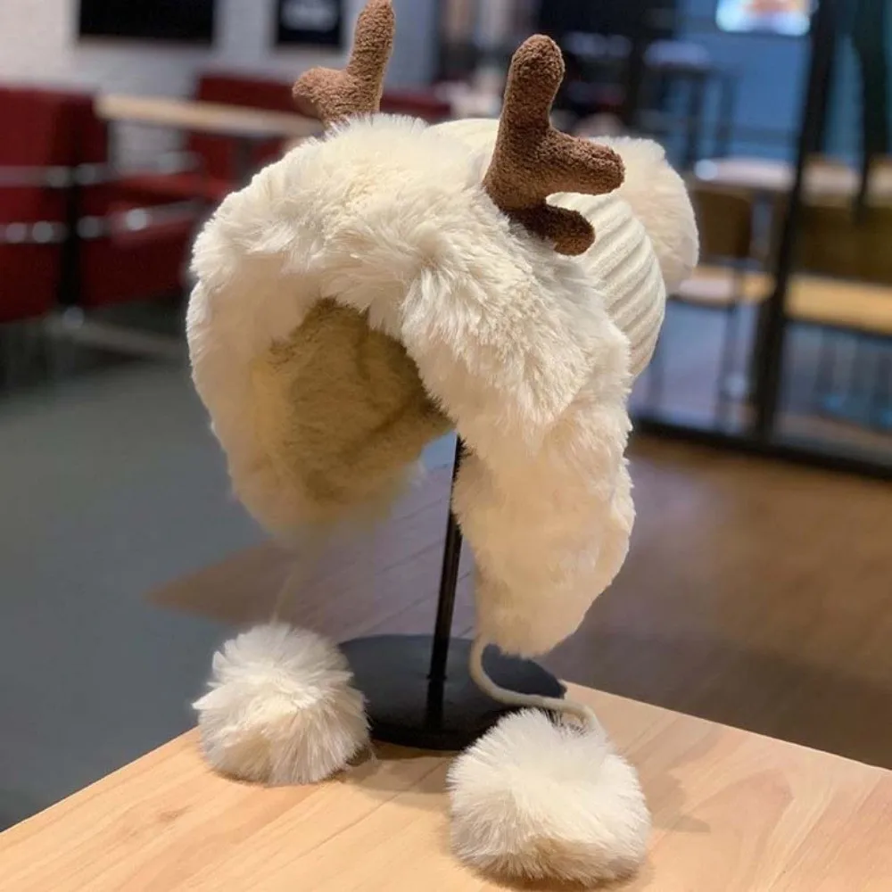 Winter-Strickmütze, Verdickte Hirschgeweih-Beanie, Winddichte Thermische Ohrenschutzkappe, Weiche Gerippte Warme Ohrenklappenmütze für Jugendliche – Detail 3