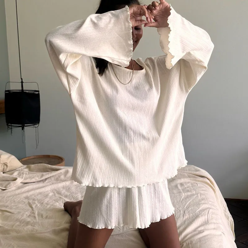 

2025 Women's Summer Pajamas Set Solid Long Sleeve Top And Shorts Sleepwear 2 Piece Set For Women Casual Loose Breathe Homewear