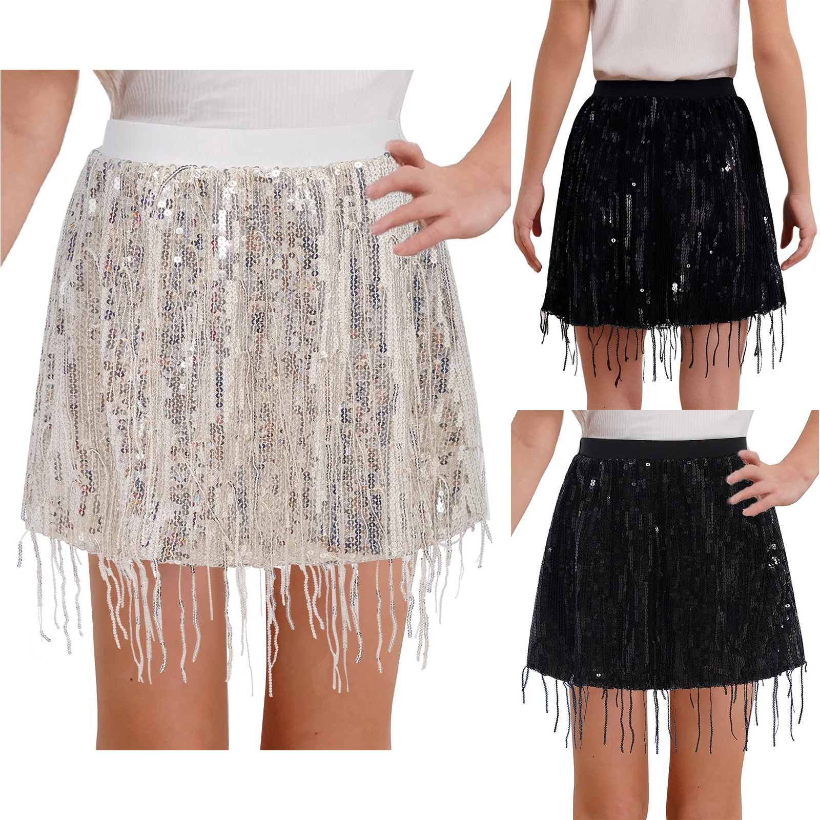 

Girls Sparkly Belly Dance Skirts Jazz Latin Samba Rumba Dance Clothes Elastic Waistband Sequin Tassel Skirts Performance Costume