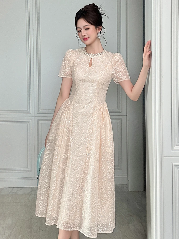 Elegant Sweet Lace ชุดเย็บปักถักร้อยเสื้อผ้าผู้หญิงอย่างเป็นทางการโอกาสเพิร์ลเลื่อม Swing ยาว Robe หญิง Party Prom Vestido Lady