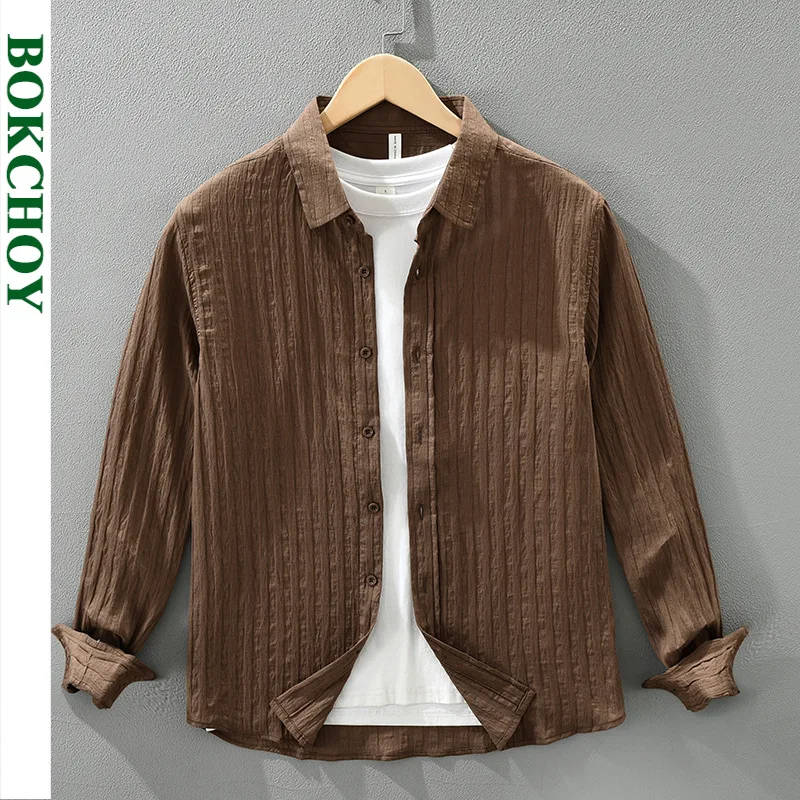 

Осень 2022, новые удобные рубашки из тенселя в свежую полоску для мужчин, уличная одежда с ощущением слоя, мужские топы CM7771