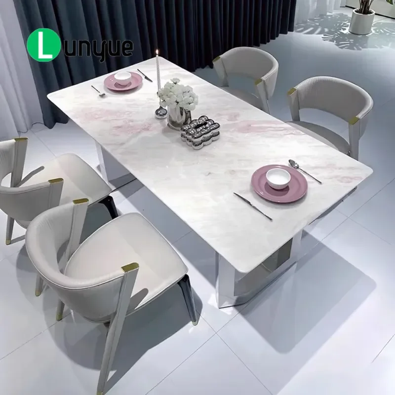 Pink Luxury Rectangular Dining Table Modern Cream Design Natural Marble Top Waterproof Stone Furniture for Living Room