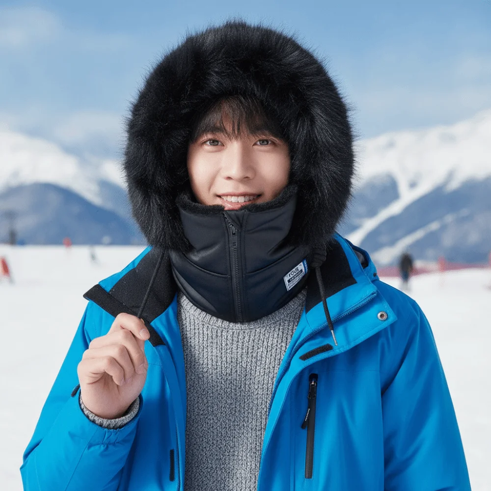 Dicke Kapuzenmütze mit Schal, vollständige Abdeckung, mit Fleece gefüttert, Unisex-Balaclava, thermischer Reißverschluss, Winter-Gesichtsmaske für Radfahren – Detail 4