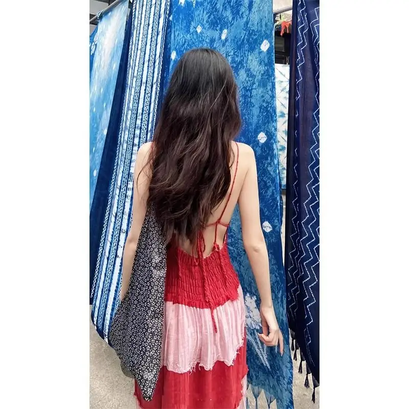 컬러 블록 대비 스트라이프 미디 긴 민소매 할로우 백리스 스트랩, 섹시하고 우아한 원피스 여성용 맥시 드레스, Y2K 보호 드레스