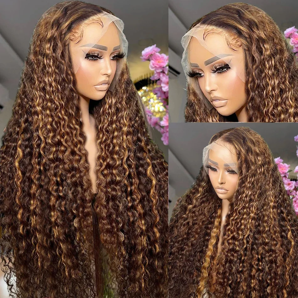 250% 13x6 Glueless Highlight Wig Human Hair Honey Blonde Lace Front Wigs For Women Curly Deep Wave Lace Frontal Human Hair Wig