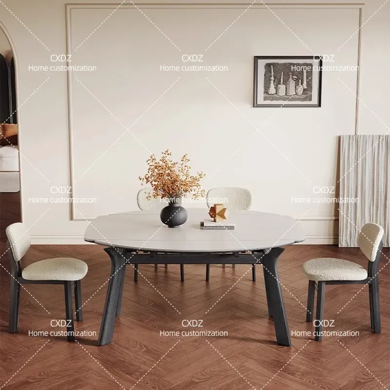 Retro Retractable Solid Wood Dining Table Transformable Round Table for Small Apartment 1.2m Black White Matte Rock Slab