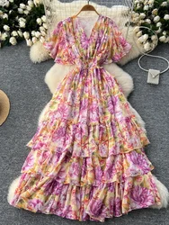 French Retro Beach Dress Women Sexy V-neck Ruffle Sleeves Pleated Floral Dresses Summer High Waisted Chiffon Long Robe Vestidos