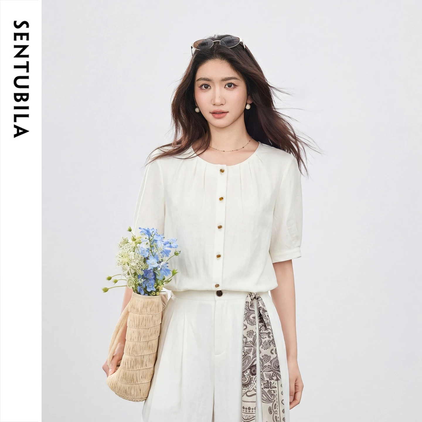 SENTUBILA Women Summer Shirt 2026 Linen Lyocell Round Neck Short Sleeve Loose Thin Top Casual Ladies Clothing 162CA7364