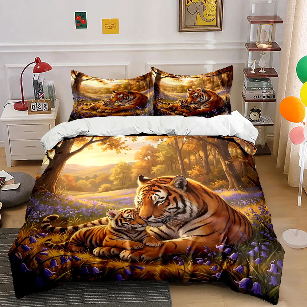 Tiger and cub cuddling Warm pattern Print Bedding Set 1 Duvet Cover 2 Pillowcases for Adult and Children Luxury Gift Full Size